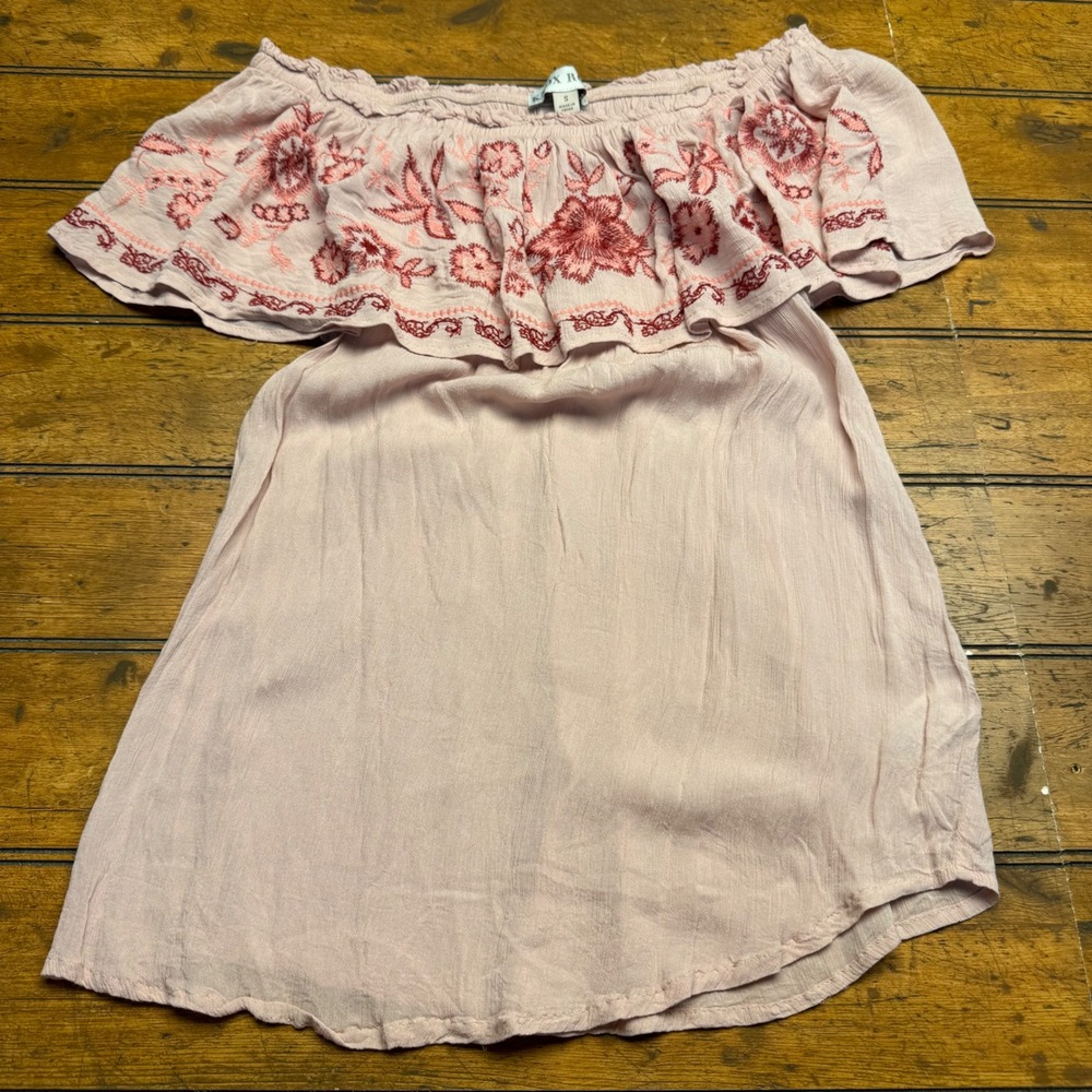 KNOX ROSE Off The Shoulder Embroidered Ruffle‎ Dress Light Pink Size S